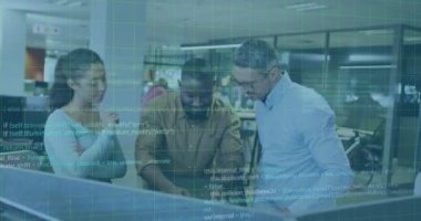 Animation of financial data processing over diverse business people in office. Global business, finances, computing and data processing concept digitally generated video.