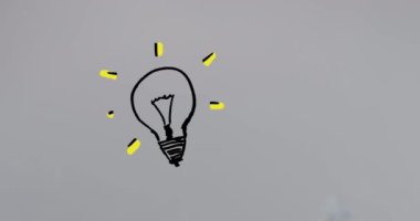 Animation of drawing of light bulb with blinking yellow rays over white background. Digitally generated, abstract, illustration, ideas, strategy, business, lighting equipment, planning concept.