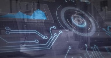 Animation of scope, circuit board, data processing over laboratory. Global business, digital interface, computing and data processing concept digitally generated video.