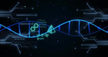 Animation of mathematical formulae and scientific data processing over black background. Global science, computing and data processing concept digitally generated video.
