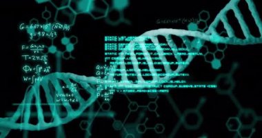Animation of dna strand and scientific data processing over black background. Global science, computing and data processing concept digitally generated video.