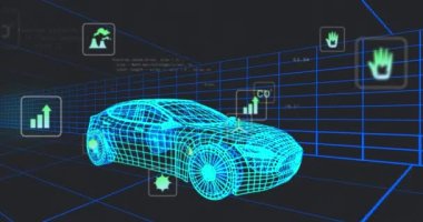 Animation of eco icons and data processing over 3d car technical drawing. Global eco car transport, engineering, business, finances, computing and data processing concept digitally generated video.