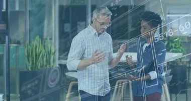 Animation of financial data processing over diverse business people in office. Global business, finances, computing and data processing concept digitally generated video.
