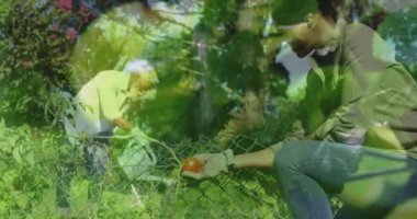 Animation of leaves and water over african american couple working in garden. Gardening, lifestyle and nature concept digitally generated video.