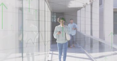 Animation of financial data processing over diverse business people in airport. Global business, finances, computing and data processing concept digitally generated video.