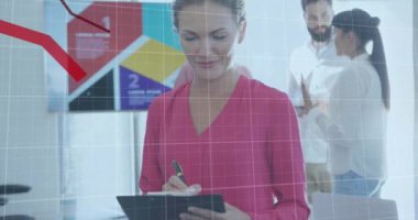 Animation of financial data processing with red lines over diverse business people in office. Global business, finances, computing and data processing concept digitally generated video.