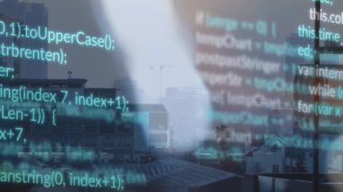 Animation of financial data processing over cityscape. Global connections data processing and digital interface concept digitally generated video.