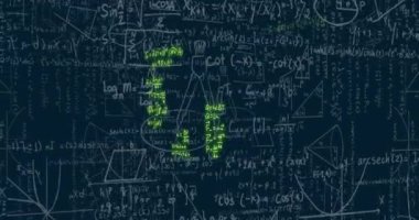 Animation of mathematical formulae and scientific data processing over black background. Global science, computing and data processing concept digitally generated video.