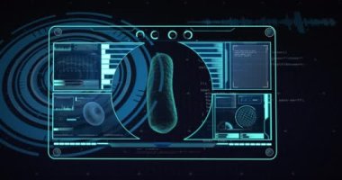 Animation of virus and scientific data processing over screen. Global medicine, science, digital interface, computing and data processing concept digitally generated video.
