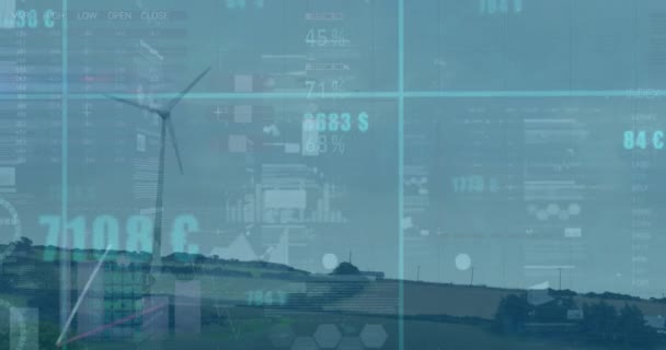 Анимация Обработки Финансовых Данных Над Ветряной Турбиной Глобальная Устойчивость Энергия — стоковое видео