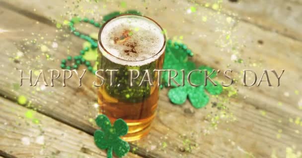 Animation Patrick Day Text Shamrock Glass Beer Wooden Background Patrick — Video Stock