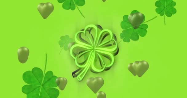 Animation Patrick Day Shamrock Green Hearts Green Background Patrick Day — Vídeo de Stock