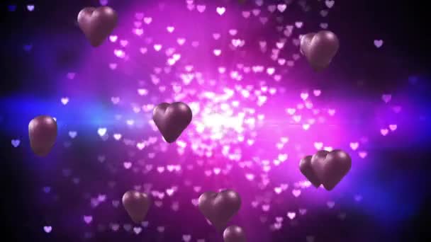 在黑色背景的光斑上的紫色心形动画 情人节 爱和庆祝的概念数码生成视频 — 图库视频影像