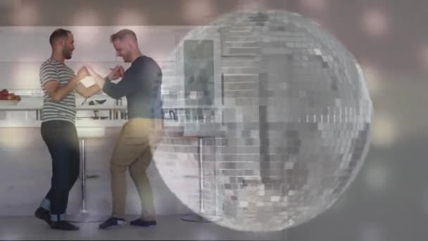 Animation Disco Ball Diverse Male Couple Dancing Kitchen Art Hobby — Stock Video
