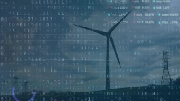 Animación Codificación Binaria Procesamiento Datos Financieros Sobre Turbina Eólica Sostenibilidad — Vídeos de Stock