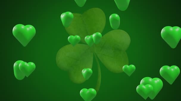 Animation Patrick Day Text Shamrock Green Hearts Green Background День — стоковое видео