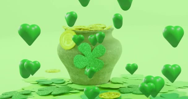 Animation Patrick Day Shamrock Green Hearts Jar Gold Coins Green — Stock Video