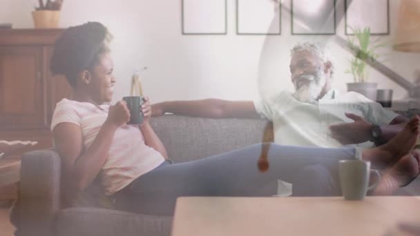 Animation Coffee African American Couple Sitting Sofa Slow Motion Domestic — стокове відео