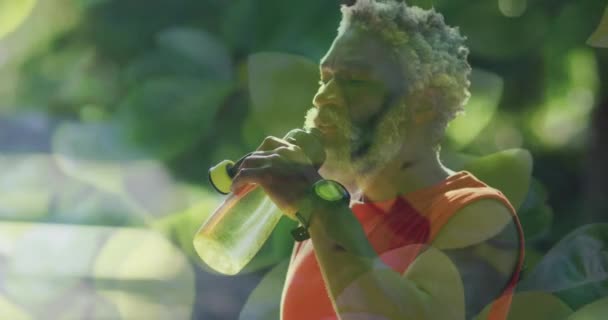 Animation Leaves African American Man Drinking Water Slow Motion Sport — Video