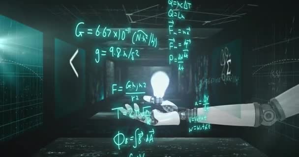 Animation Robot Arm Mathematical Formulae Scientific Data Processing Grey Background — Stockvideo