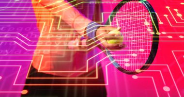 Midsection of biracial female tennis player holding racket and ball over connected dots. Illuminated, copy space, composite, sport, competition, playing, neon, hand, database, code and abstract.