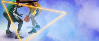 Low section of multiracial male players playing basketball by triangles against blue background. Opponent, defend, copy space, composite, illuminated, sport, competition, illustration, shape, smoke.