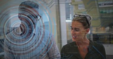 Animation of financial data processing over caucasian businesswoman. Global business, finances, computing and data processing concept digitally generated video.