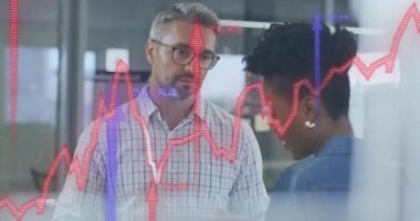 Animation of financial data processing and arrows over diverse business people in office. Global business, finances, computing and data processing concept digitally generated video.