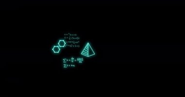 Animation of mathematical formulae and scientific data processing over black background. Global science, computing and data processing concept digitally generated video.