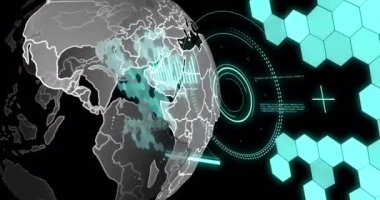 Animation of data processing and globe over scopes scanning. Global science, computing, digital interface and data processing concept digitally generated video.