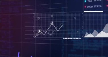 Animation of trading board, graphs and map over computer programming language in background. Digitally generated, hologram, report, business, stock market, coding and technology concept.