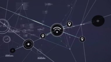 Animation of network of connections with icons and data processing on black background. Global connections, computing and digital interface concept, digitally generated video.