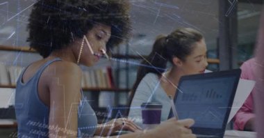 Animation of financial data processing over diverse business people in office. Global business, finances, computing and data processing concept digitally generated video.