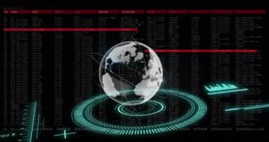 Animation of globe, data processing over scopes scanning. Global computing, digital interface and data processing concept digitally generated video.