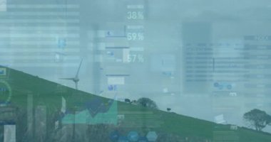 Animation of financial data processing over wind turbine. Global sustainability, wind energy, business, finances, computing and data processing concept digitally generated video.