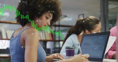 Animation of financial data processing over diverse business people in office. Global business, finances, computing and data processing concept digitally generated video.