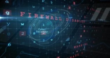 Animation of shield, padlock, icons with texts over letters, numbers, symbols on blue background. Digitally generated, hologram, protection, security, illuminated, circles and technology concept.