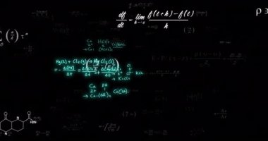 Animation of mathematical formulae and scientific data processing over black background. Global science, computing and data processing concept digitally generated video.