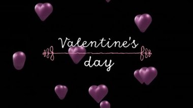 Animation of valentine's day text over purple hearts on black background. Valentine's day, love and celebration concept digitally generated video.