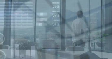 Animation of financial data processing over african american businessman working at office. Global business, finances and digital interface concept digitally generated video.