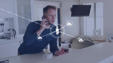 Animation of data processing with network over caucasian man using smartphone. Global connections, digital interface, computing and data processing concept digitally generated video.