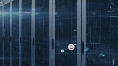 Animation of programming language and icons connected with lines over server room in background. Digital composite, multiple exposure, communication, coding, networking, technology and network server.