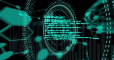 Animation of data processing and human brain over scopes scanning. Global science, computing, digital interface and data processing concept digitally generated video.