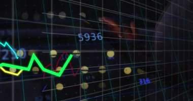 Animation of graphs with changing numbers against midsection of caucasian man using digital tablet. Digital composite, multiple exposure, report, business, illuminated and technology concept.