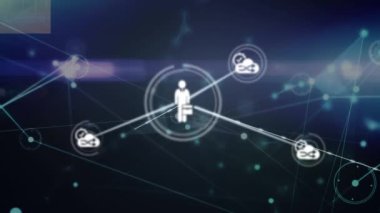 Animation of network of connections with icons and light trails on black background. Global connections, computing and digital interface concept, digitally generated video.
