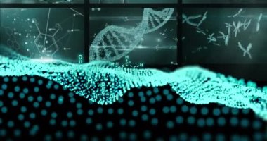 Animation of dna strands and scientific data processing over black background. Global science, computing and data processing concept digitally generated video.