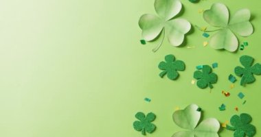 Video of saint patricks day green shamrock leaves with copy space on green background. Saint patricks day, irish tradition and celebration concept.