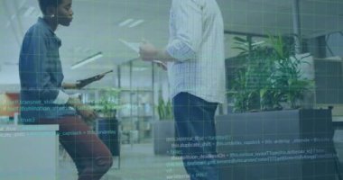 Animation of financial data processing over diverse business people in office. Global business, finances, computing and data processing concept digitally generated video.