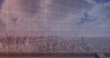 Animation of graphs with changing numbers over modern cityscape against cloudy sky. Digital composite, multiple exposure, report, business, architecture, buildings and technology concept.