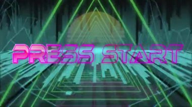 Animation of press start text over green glowing triangles. Global video game, data processing and digital interface concept digitally generated video.